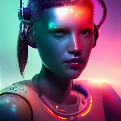 Image similar to A Stunning portrait of cyborg teen girl, art by Ross tran, vivid color palette, digital painting, 3D, octane render, post process in Photoshop, highly detailed, particles, light effect, volumetric lighting