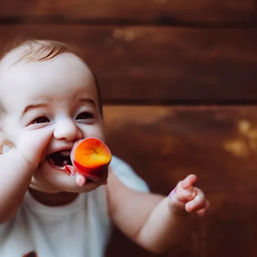 Image similar to photo of an insane baby laughing and eating a peach, bokeh focus