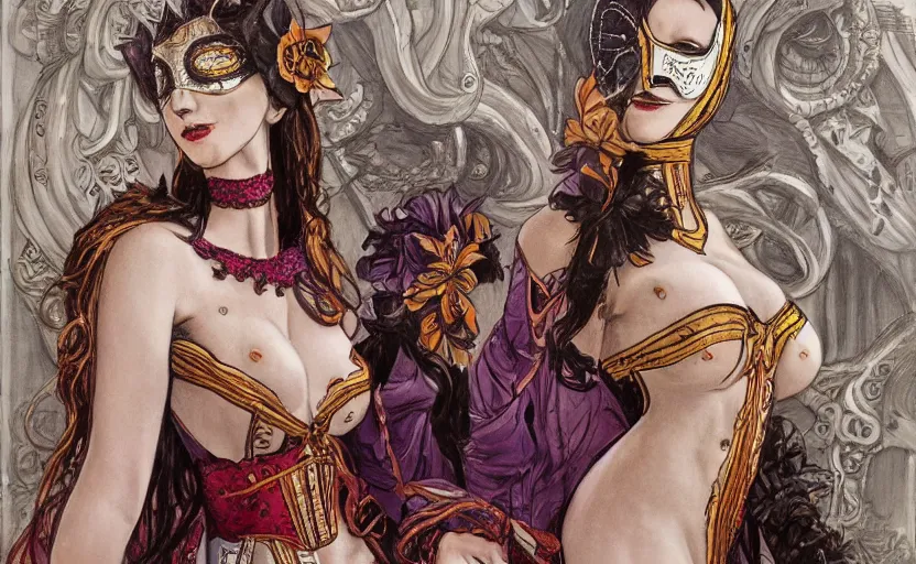 Prompt: realistic detailed portrait of the enchanted venice carnival dream with dancing masked people, behance hd artstation, minimalist design, by milo manara feminine, female, sexy, seductive, art nouveau, cyberpunk, neo - gothic, gothic, character concept design, dynamic light, stylised illustration