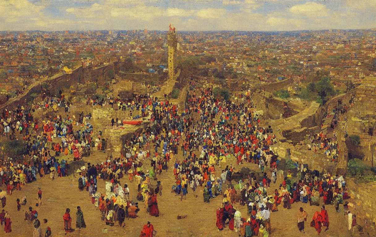 Image similar to birds eye view of tall defensive city wall surrounding town of abeokuta, 1885, bright colors oil on canvas, by Ilya Repin