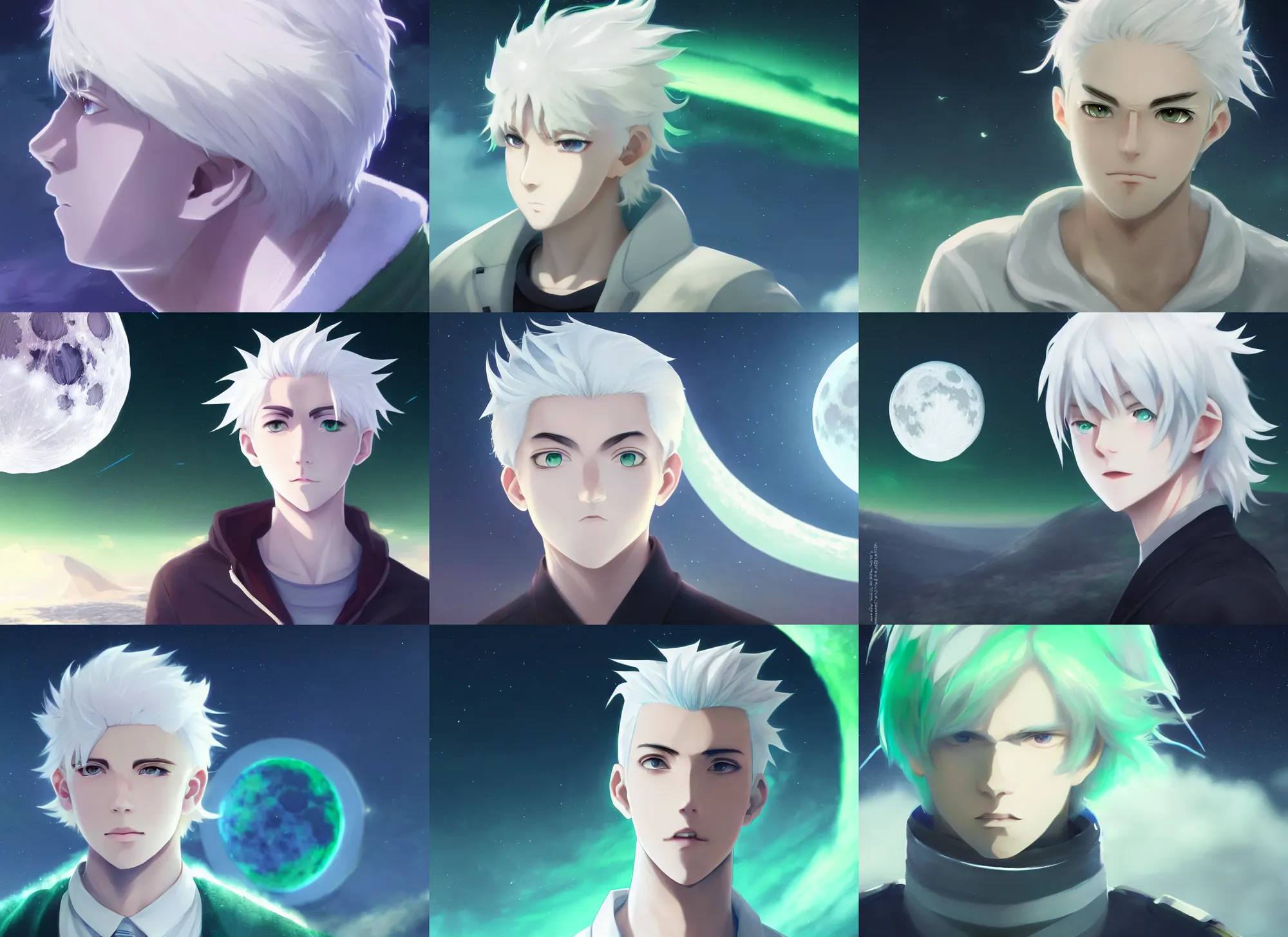 Prompt: white haired young guy with green eyes on the moon, aurora, stunning anime portrait, high symmetry, octane engine, makoto shinkai, genshin impact, art, long shot, light blur