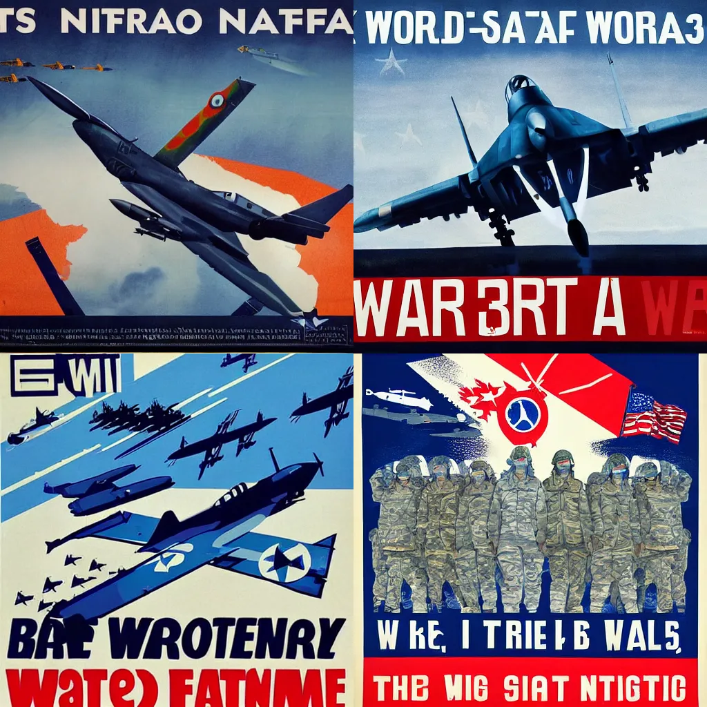 Prompt: a modern nato propaganda poster promoting nato fighting in world war 3, ww 3, dystopian future, anti - communist, modern warfare, fighter jets, blue color,