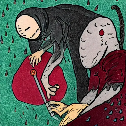 Prompt: Changeling bard standing over a sobbing lizard man in fetal position, sad, depressing, dark color schema, raining, in the style of Eric Carle