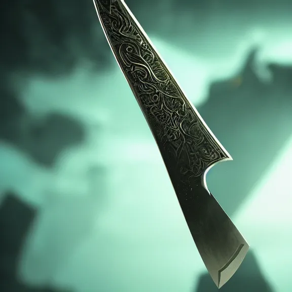 Image similar to fantasy knife, splash art, movie still, cinematic lighting, dramatic, octane render, long lens, shallow depth of field, bokeh, anamorphic lens flare, 8k, hyper detailed, 35mm film grain