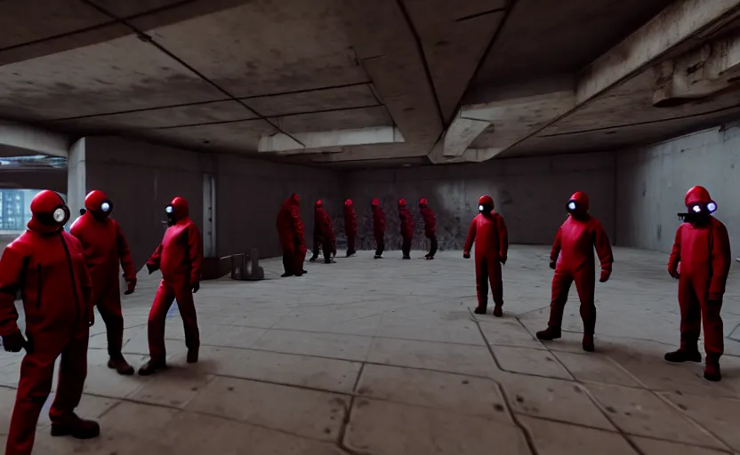 Image similar to in-game screenshot of a group of dark red hazmat scientists holding guns walking on unreal engine 5, in a liminal underground garden, photorealistic, retrofuturism, brutalism, staggered terraces, minimalist, soft vintage glow