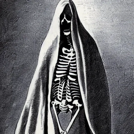 Image similar to a vintage drawing of a skeleton in a cloak made of shadows of the dead