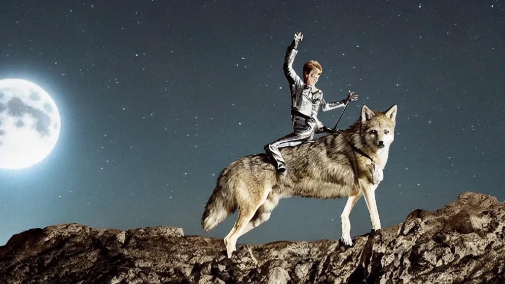 Prompt: epic cinematography of a close up of David Bowie riding a (wolf) at night, while on top of a large cliff with the full moon in the background