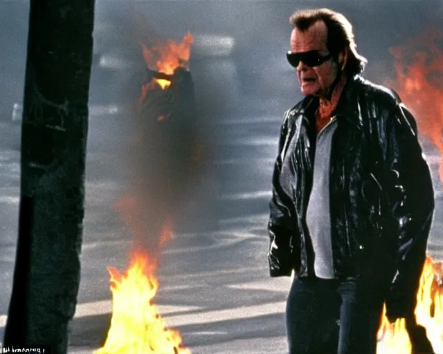 Image similar to Jack Nicholson plays Terminator wearing leather jacket and his endoskeleton is visible, walking out of flames