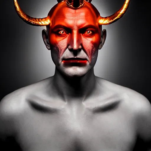 Image similar to photorealistic, iso - 4 0 0, canon eos 5 d mark iv, shot on 7 0 mm, portrait of male archangel bellringer with colloidal silver skin makeup, from lexx by lee jeffries and platon, flames halo ring over head, demonic, horns, fangs, nd 4, perfect studio lighting