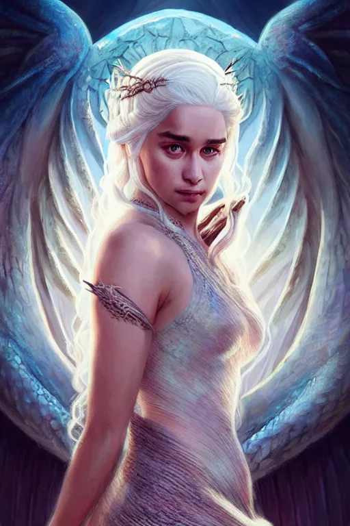 Image similar to beautiful, ethereal daenerys targaryen ( khaleesi ) portrait, intricate art deco dragon designs, elegant, highly detailed burning background, sharp focus, game of thrones art by artgerm and beeple and greg rutkowski and wlop