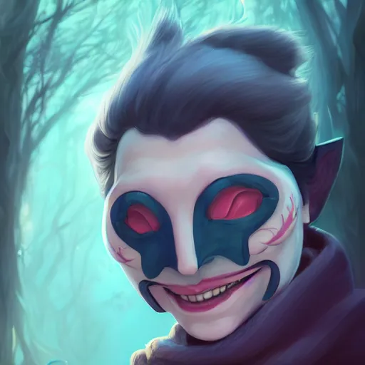 Image similar to a portrait of a cinematic still of the happy mask salesman, twilight princess, art by lois van baarle and loish and ross tran and rossdraws and sam yang and samdoesarts and artgerm and saruei and disney, digital art, highly detailed, intricate, sharp focus, trending on artstation hq, deviantart, unreal engine 5, 4 k uhd image