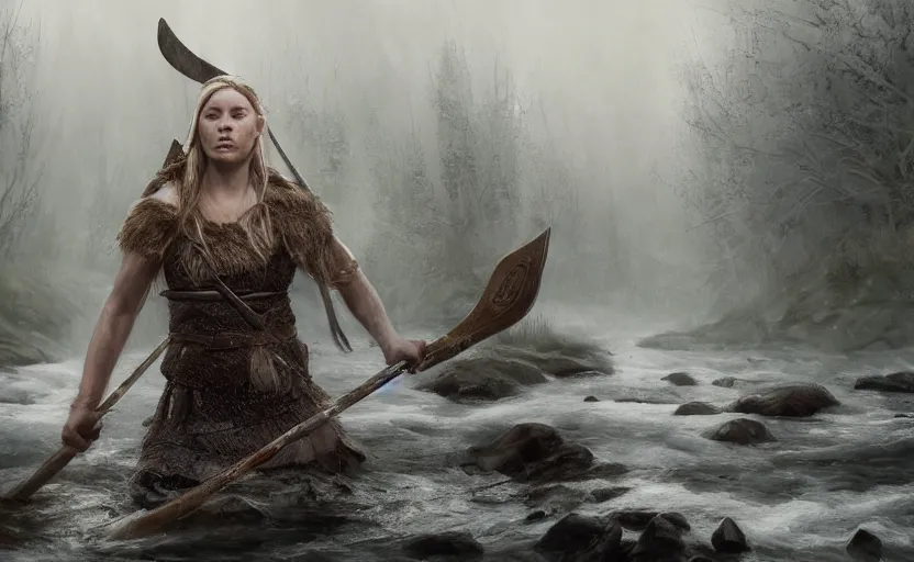 Prompt: epic portrait an female viking washing off her axe in a river, blizzardy winter, foggy, forest and river backround, flowing blonde hair, digital painting, artstation, concept art, soft light, hdri, smooth, sharp focus, illustration, fantasy, intricate, elegant, highly detailed, D&D, matte painting, in the style of Greg Rutkowski and Alphonse Mucha and artemisia, 8k, highly detailed, jurgens, rutkowski, bouguereau, pastoral, rustic, georgic, detailed concept art, illustration, colorful pastel, painting, detail, ultra detailed, digital art, 4K, unreal engine 5, 16k resolution,