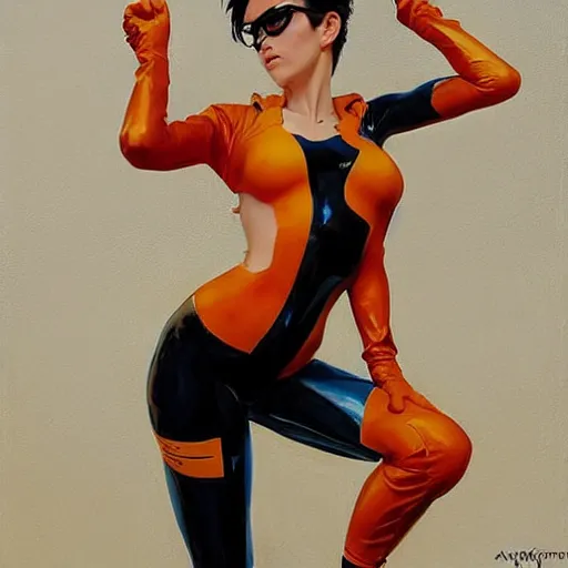 Prompt: greg manchess painting of tracer wearing a latex suit, medium shot, organic painting, sunny day, bold shapes, hard edges, street art, trending on artstation, by huang guangjian and gil elvgren and sachin teng and artgerm and greg rutkowski and alphonse mucha