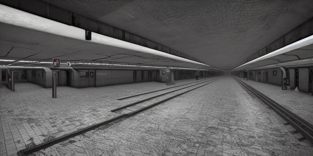 Prompt: empty subway platform, underground, cinematic, underexposed, 3D, octane render