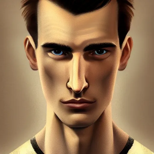 Image similar to tall man in his twenties with brown blond short quiff hair and thin slightly round facial structure with cleft chin, straight eyebrows and prominent nose, good definition of cheekbones, big hazel nut brown eyes, narrow face, slim body, atmospheric lighting, painted, intricate, 4 k, highly detailed by charlie bowater