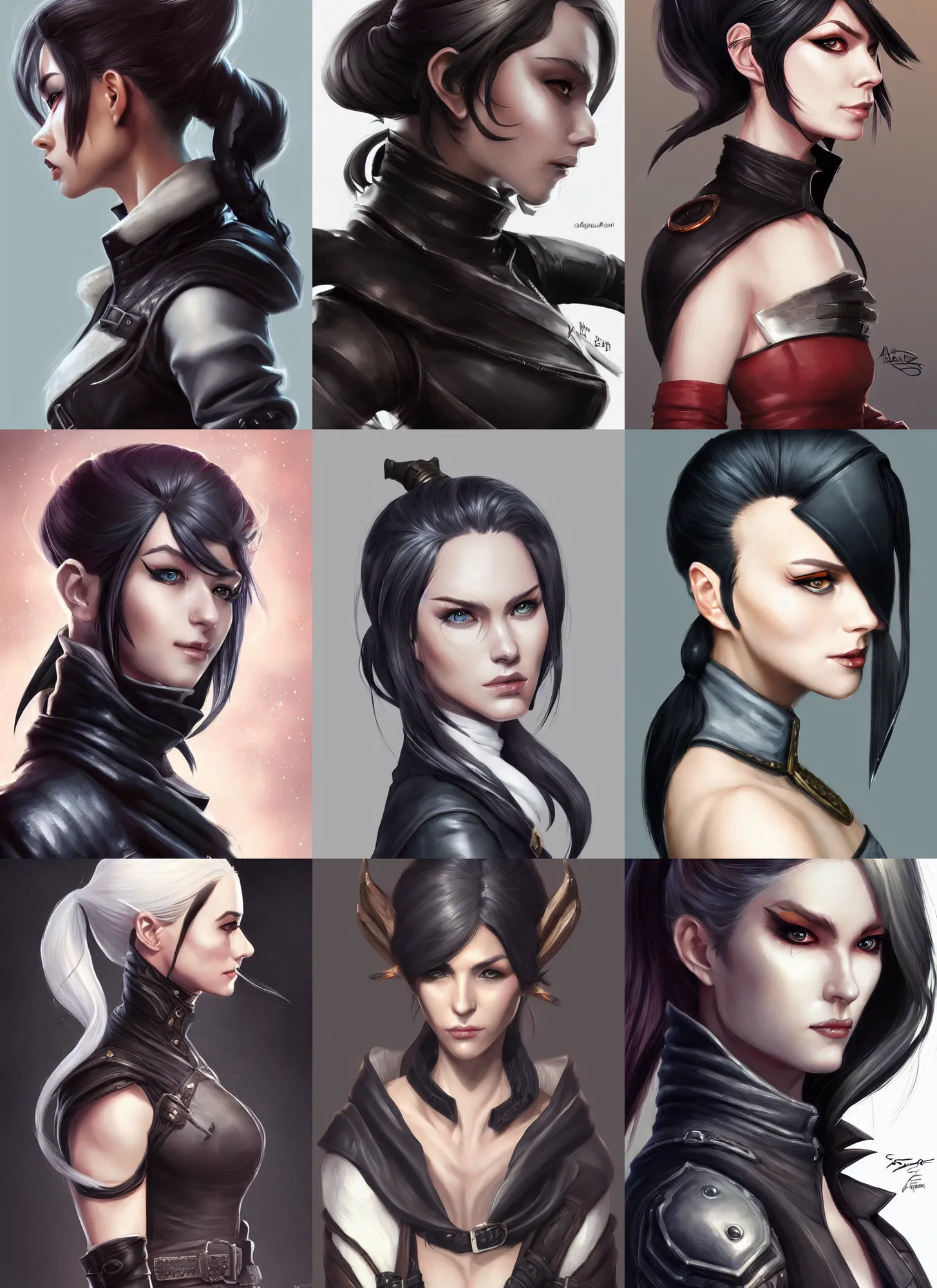 Prompt: side portrait of female rogue, white skin, black ponytail, short leather coat, high fantasy, dnd, face details, extremely detailed, smooth, sharp focus, digital illustration, by artgerm, rossdraws, sakimichan