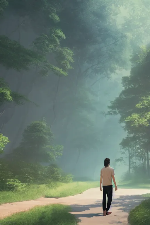 Image similar to young man with wavy black shoulder length hair, plain cotton shorts, back view, trees, detailed forest background, webtoon, breathtaking scenery, colourful, 8 k, graphic novel, digital art trending on artstation, volumetric lighting, octane render, cinematic, hyper detailed, magical atmosphere