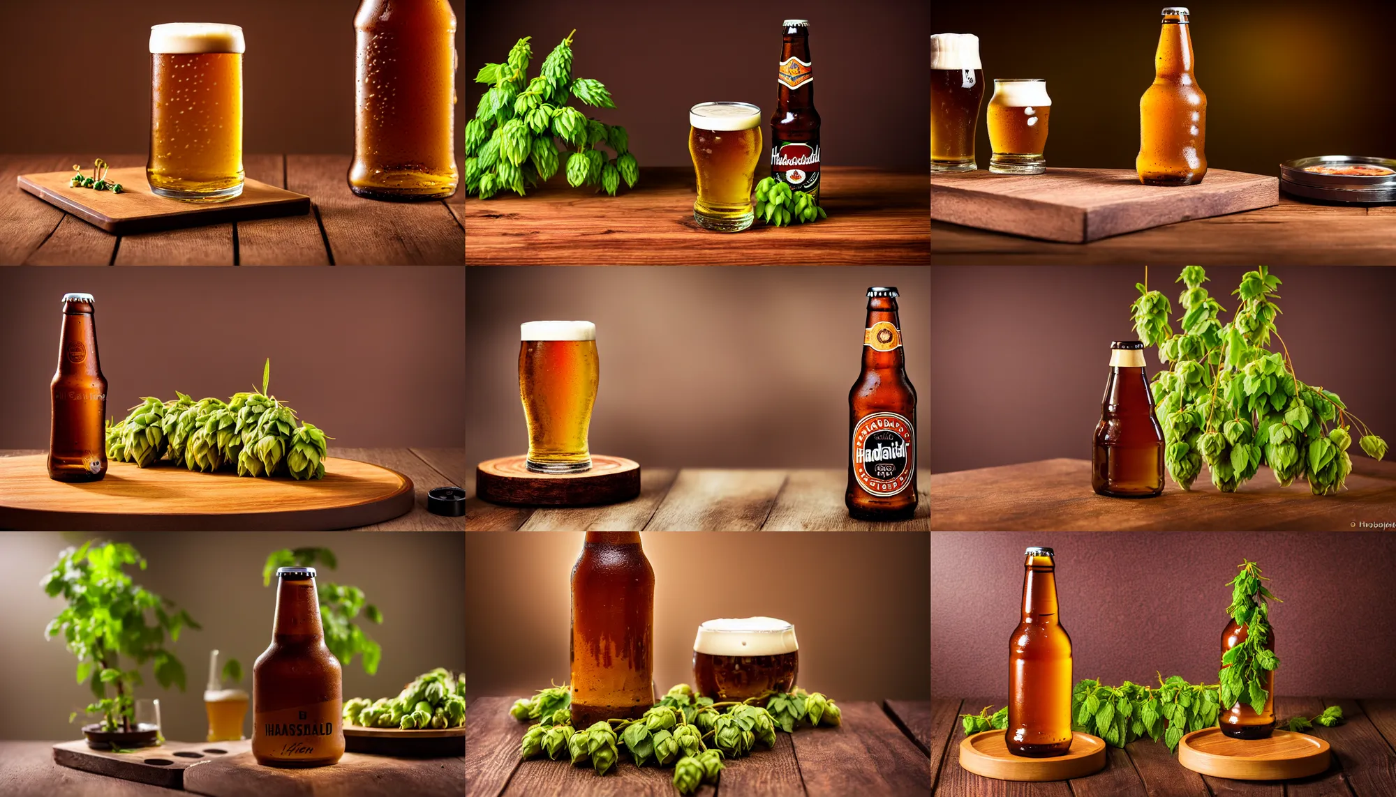 Prompt: dslr food photography of a brown beer bottle, on a wooden plate, with hop plant decoration and a glass of beer on the side, macro shot, hasselblad, 1 0 0 mm f 1. 8, dimmed lightning