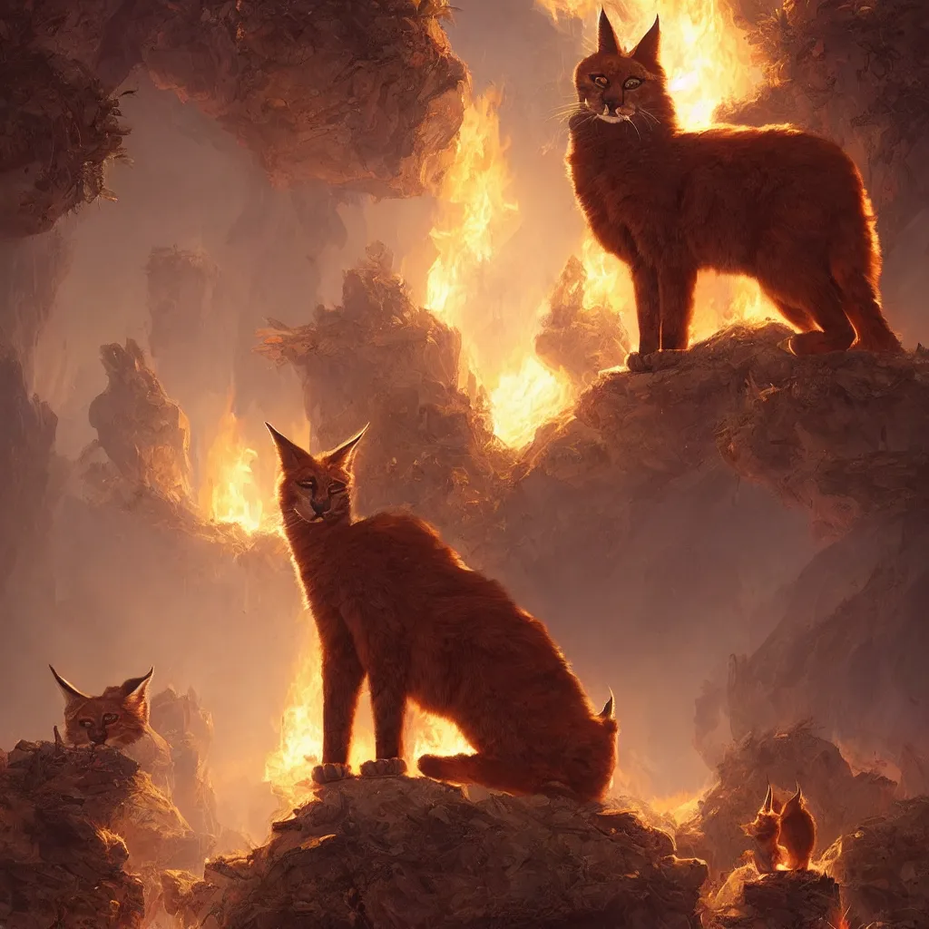 Image similar to many cute fluffy caracals, fire, magic, symmetric, fantasy epic legends stylized digital illustration radiating a glowing aura global illumination ray tracing hdr fanart arstation, 8 k, art by greg rutkowski