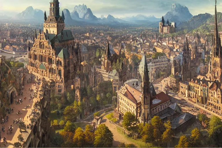 Prompt: an ultra detailed matte landscape painting of an german renaissance capital city built into the side of a mountain with many tall spirally towers, sweeping vista, german renaissance architecture, ultrawide lens, aerial photography, 8 k, volumetric lighting, smooth, highly detailed, digital illustration, art by greg rutkowski and akira toriyama and artgerm