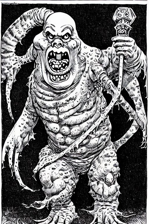 Image similar to slimer ghost as a d & d monster, full body, pen - and - ink illustration, etching, by russ nicholson, david a trampier, larry elmore, 1 9 8 1, hq scan, intricate details, inside stylized border