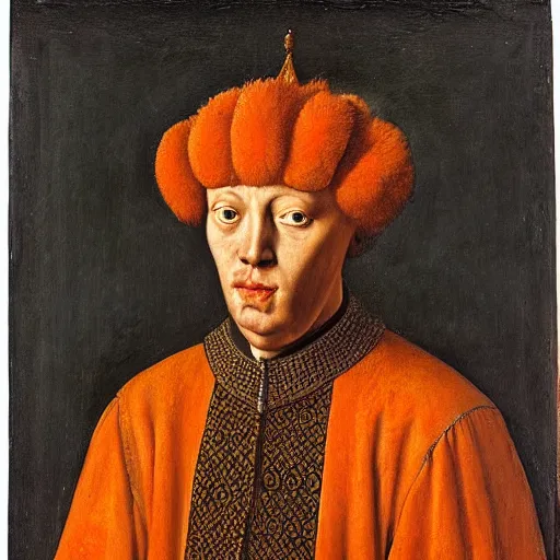 Image similar to portrait of a king with an orange cats head for a head, oil painting by jan van eyck, northern renaissance art, oil on canvas, wet - on - wet technique, realistic, expressive emotions, intricate textures, illusionistic detail