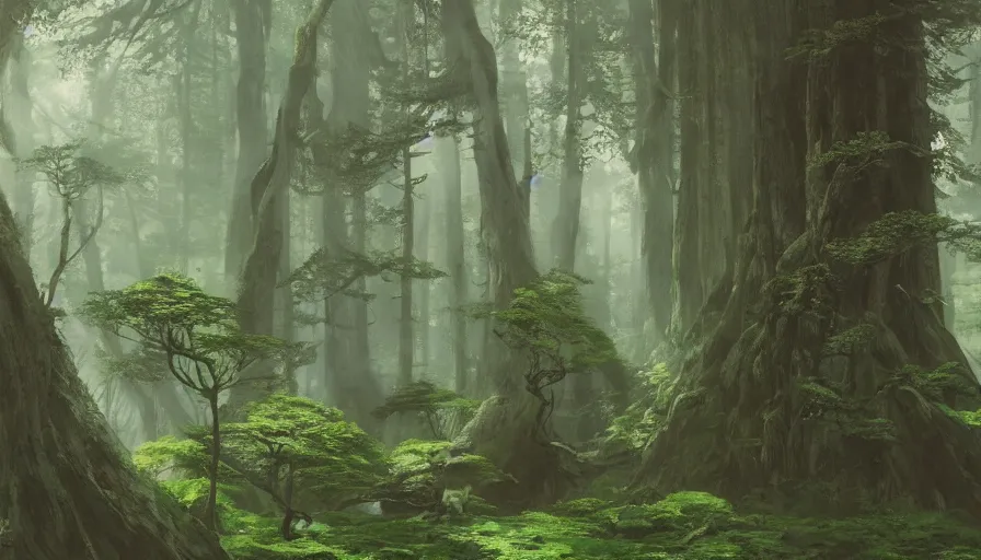 Image similar to beautiful ancient forest, matte painting, beautifully painted, beautiful lighting, enchanted forest, jeremy lipking, studio ghibli, princess mononoke, 8 k, rays of light, amazing detail, princess mononoke background paintings, hayao miyazaki, kazuo oga, enchanted lighting, high contrast, rule of thirds, bright green moss, japanese woodblock prints