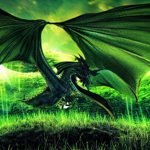 Prompt: a lush green field, with dragons flying overhead, a sense of awe,, monogon, plasma display, glossy, charred, water, ray tracing reflections,