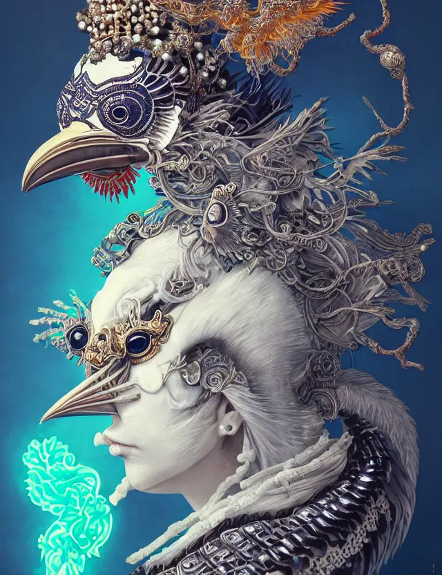 Image similar to goddess macro close - up portrait with crown and mask made of ram skull. beautiful intricately detailed japanese crow kitsune mask and clasical japanese kimono. betta fish, jellyfish phoenix, bioluminescent, plasma, ice, water, wind, creature, artwork by tooth wu and wlop and beeple and greg rutkowski