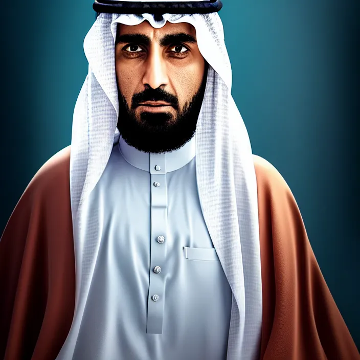 Image similar to cinematic portrait, sheikh mohammad ruler of dubai, head and chest only, nintendo, contemporary, masterpiece, cinematic composition, dramatic pose, beautiful lighting, sharp, details, hyper - detailed, hd, 4 k