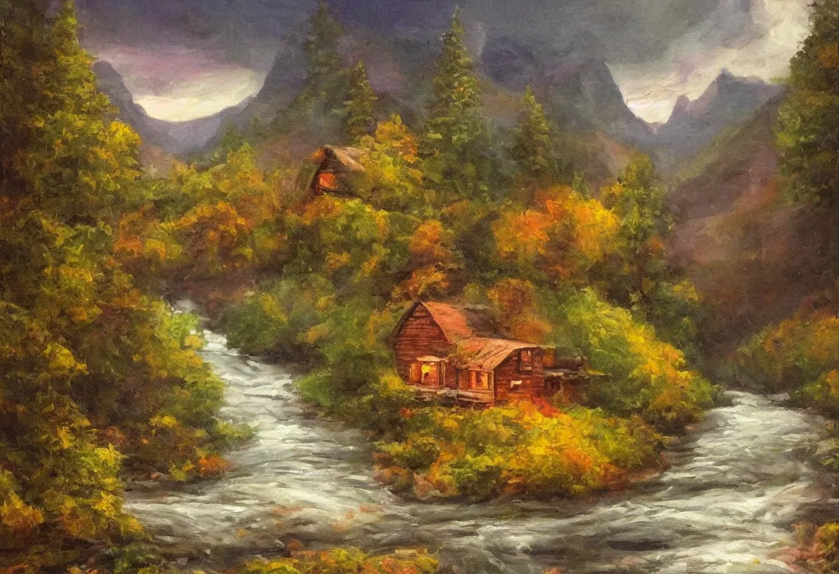 Prompt: a river running past a cozy cabin in mountain side, night, heavy rain, colorful, classic painting, award winning, highly detailed