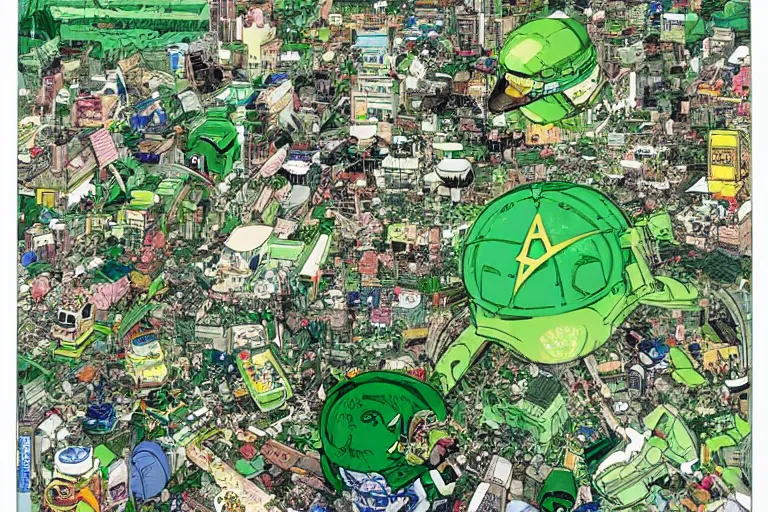 Prompt: a green participation badge, by yukito kishiro and katsuhiro otomo, hyper-detailed, intricate, view from above, colorful