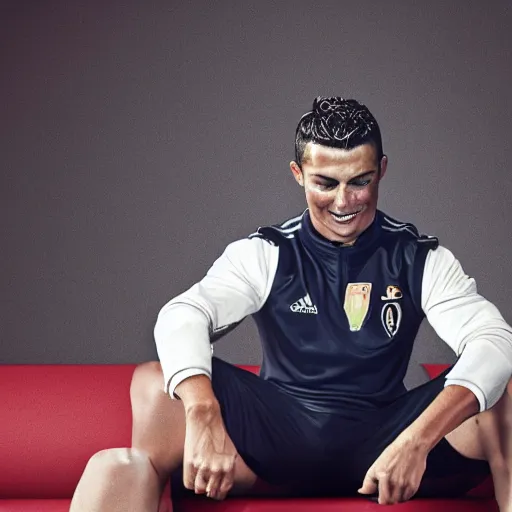 Prompt: a promo portrait of cristiano ronaldo crying sitting in a sofa, eating a bucket of ice cream,