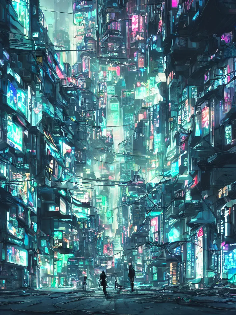 Image similar to futuristic cyberpunk street, cable stone ground. lots hanging cables, tiny wires on the ground. narrow, garbage on the ground. rain. fog, haze, evening. led screens. neon signs. ghost in the shell. very sharp. cables on the ground. very messy. futuristic. photorealistic. artstation. anime. studio gimbli style. golden rate.