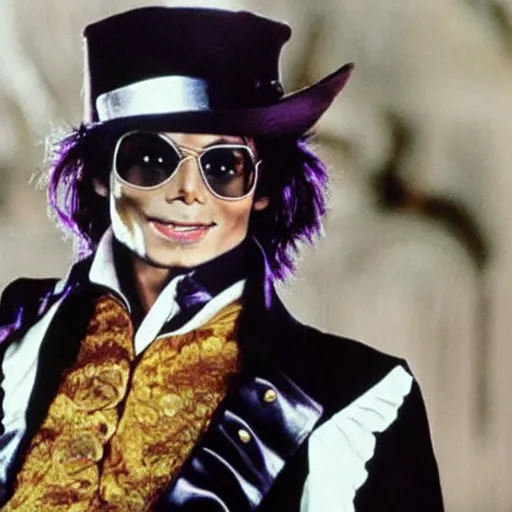 Image similar to michael Jackson as johnny depp Willy Wonka, futuristic 2020