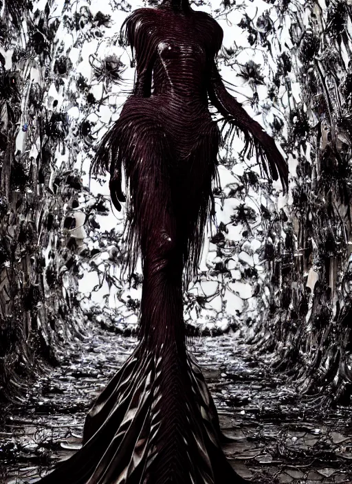 Image similar to walking down the catwalk, tim walker, show, stage, vogue photo, podium, fashion show photo, historical baroque dress dark, iris van herpen, beautiful woman, full body shot, masterpiece, intricate, biopunk, predator, guyver, highly detailed