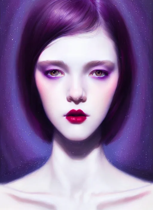 Image similar to portrait of pale teenage girl, red irises, black hair, white bangs, purple lipstick, intricate, elegant, glowing lights, highly detailed, digital painting, artstation, concept art, smooth, sharp focus, illustration, art by wlop, mars ravelo and greg rutkowski