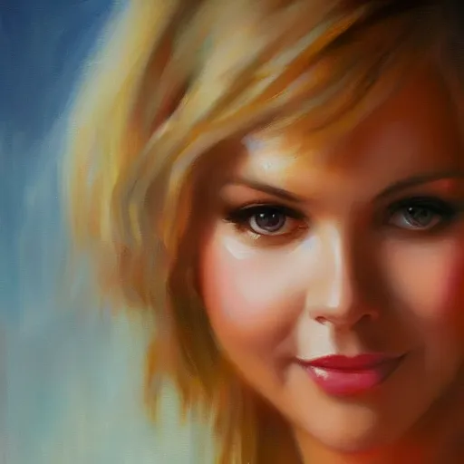 Image similar to closeup portrait of olivia newton john in the music video hopelessly devoted to you, evening, highly detailed oil painting, vladimir volegov, artstation