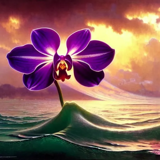 Prompt: detailed giant orchid flower surrounded by ocean wave, lsd water, ripples, transparent droplets, refracted backlit sunset, refracted lighting, art by collier, albert aublet, krenz cushart, artem demura, alphonse mucha