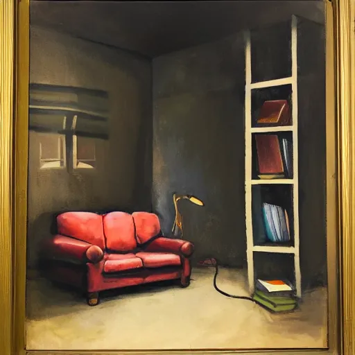 Image similar to A dark room with a TV and it’s static giving light to a couch directly across from it, a window is on the right and rain is hitting against the window, shelves are inside filled with books, a couple of empty bottles are on the ground, oil painting