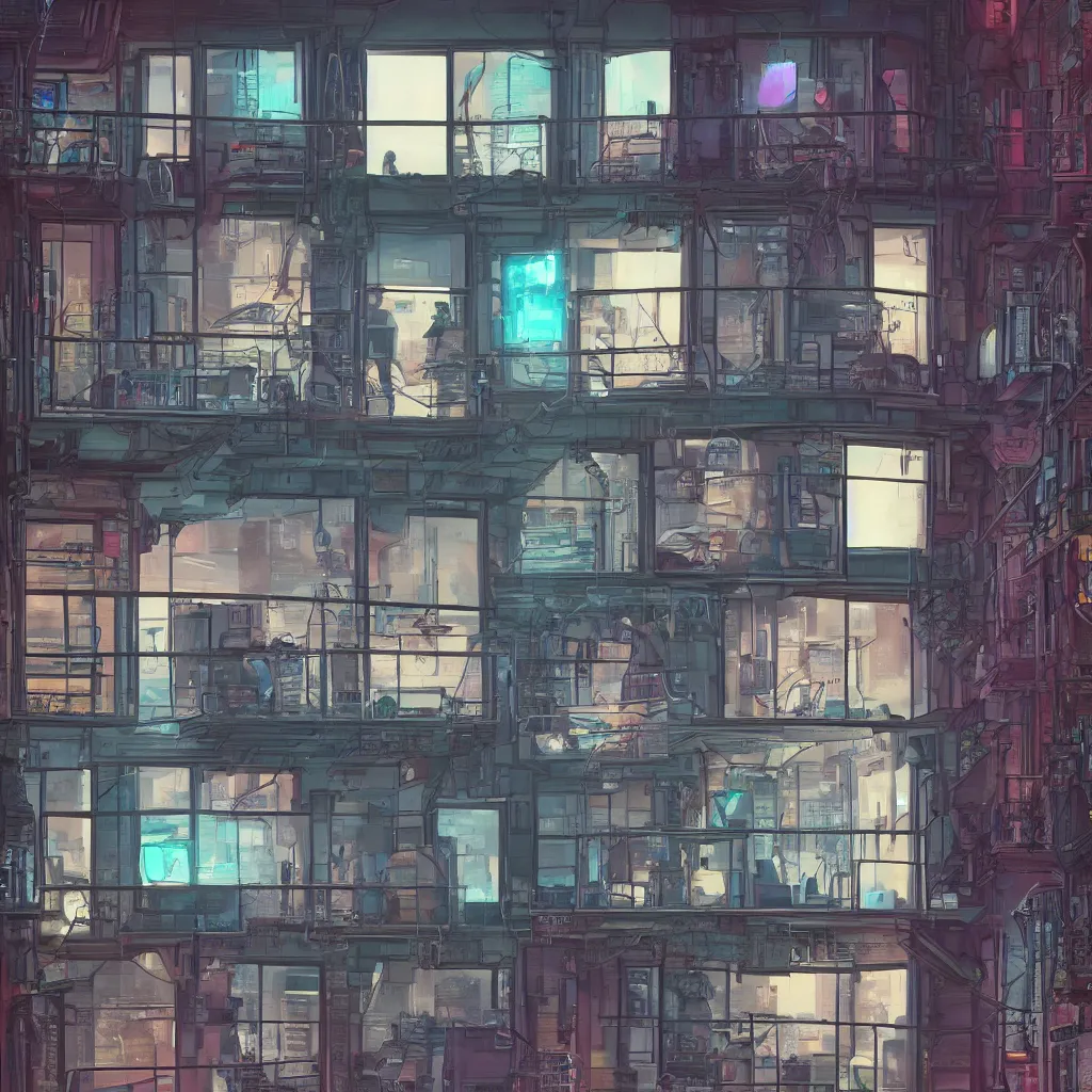 Image similar to a highly detailed loft apartment, neon backlit, round window, cyberpunk nightcity in the window, 8 k