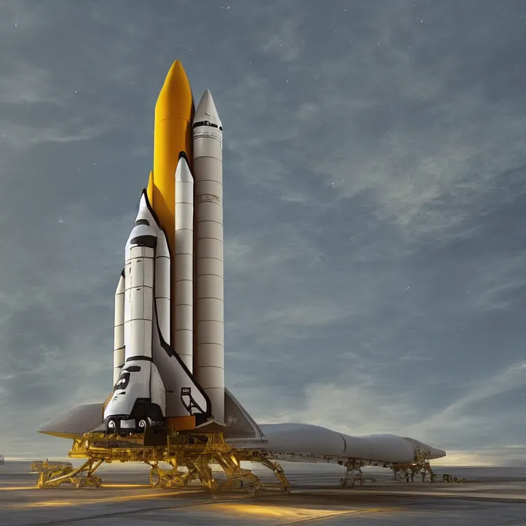 Image similar to “overly complex space shuttle about to blast off from the launch pad, concept art, high-def render, beautiful 3D render, yellow morning sunrise, 4K 3D”