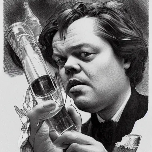 Prompt: amazing lifelike award winning pencil illustration of Orson Welles drinking Paul Masson vintage bottled wine, wine drinking, highly detailed, hyperreal on art station artgerm Greg rutkowski alphonse mucha cinematic