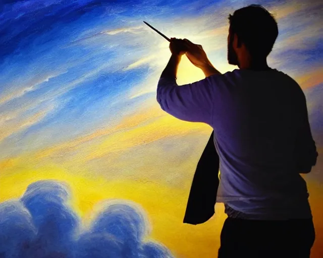 Prompt: man holding a magical wand painting the sky with clouds