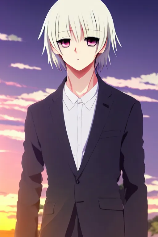 Image similar to anime art full body portrait character concept art, anime key visual of young male warror, platinum blonde straight bangs and large eyes, finely detailed perfect face delicate features directed gaze, standing on a bridge during sunset, trending on pixiv fanbox, studio ghibli, extremely high quality artwork