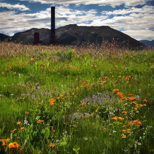 Image similar to a beautiful meadow in the middle of dirty industrial complex,