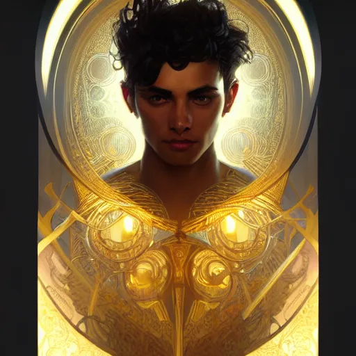 Image similar to portrait of a young handsome dark god, gold wires, intricate, headshot, highly detailed, digital painting, artstation, concept art, sharp focus, cinematic lighting, illustration, art by artgerm and greg rutkowski, alphonse mucha, cgsociety