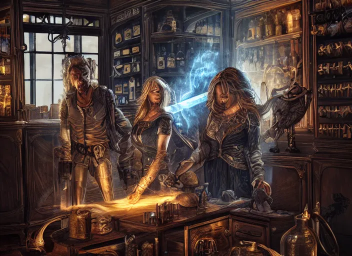 Prompt: dusty apothecary aeon tension civil duty, terese nielsen, steve argyle, intricate, cinematic, dramatic lighting, 8 k resolution,