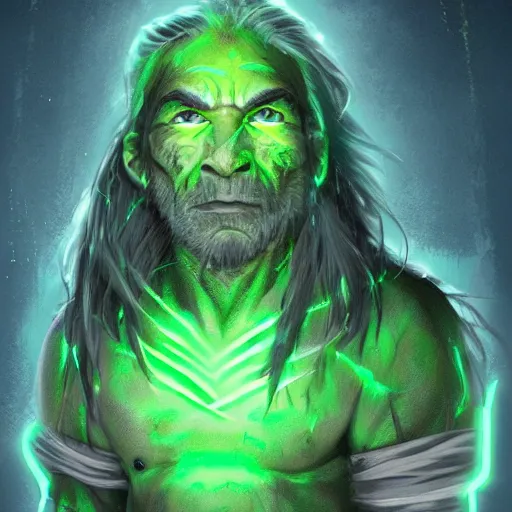 Image similar to an older half - orc shaman with long wiry grey hair, glowing green eyes, glowing tattoos, lightning in background, rainy background, character concept art, artstation, digital art