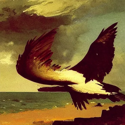 Prompt: huge bird with its feet standing in the ocean, painting by albert bierstadt and winslow homer, highly detailed